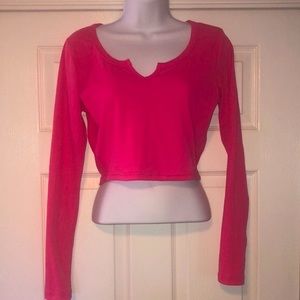 Hot pink, ribbed knit, notched v-neck cropped long sleeve top -junior size L